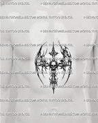 Dark gothic skull cross tattoo stencil shown on men’s stomach center, with vertical cross spine, skull center, and sharp wings