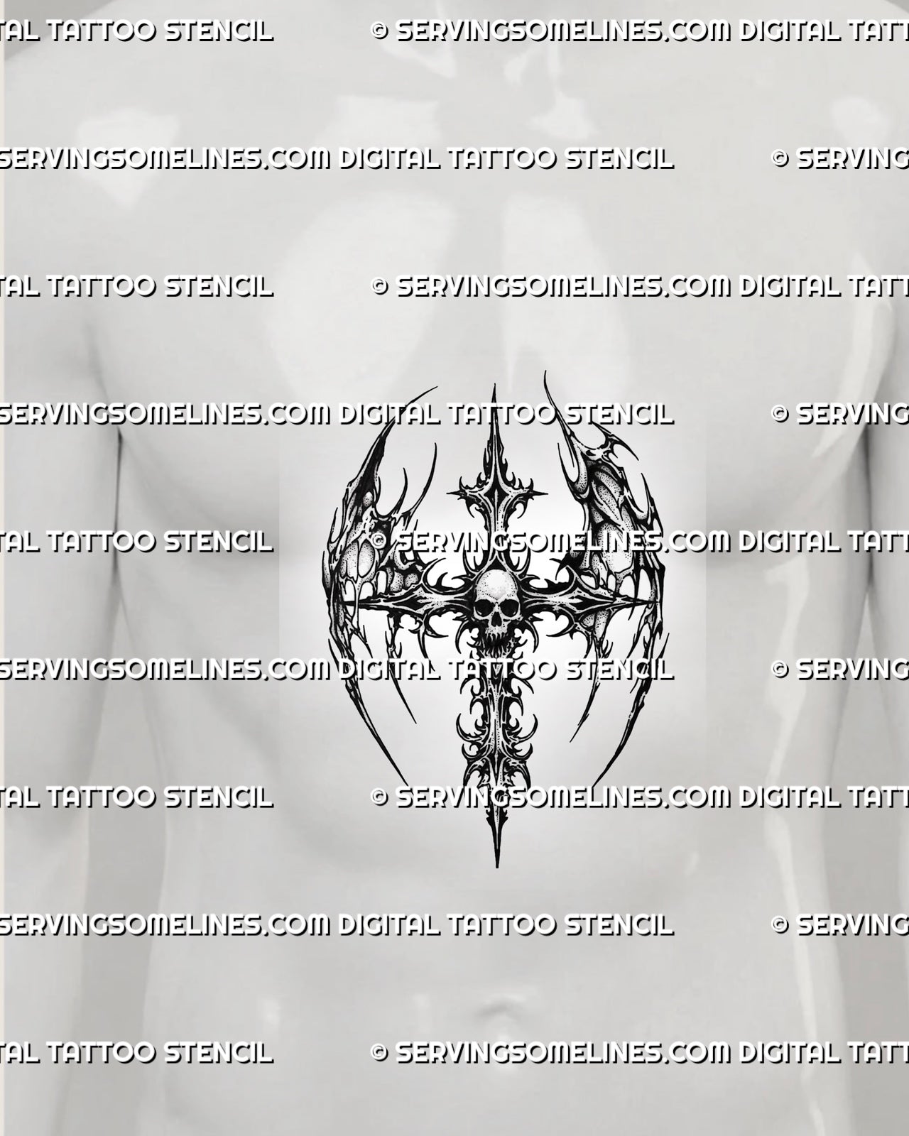 Dark gothic skull cross tattoo stencil shown on men’s stomach center, with vertical cross spine, skull center, and sharp wings