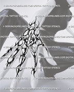 Dark hand tattoo stencil displayed across knuckles and fingers, with neotribal shapes, blackwork contrast, and wrist flow 
