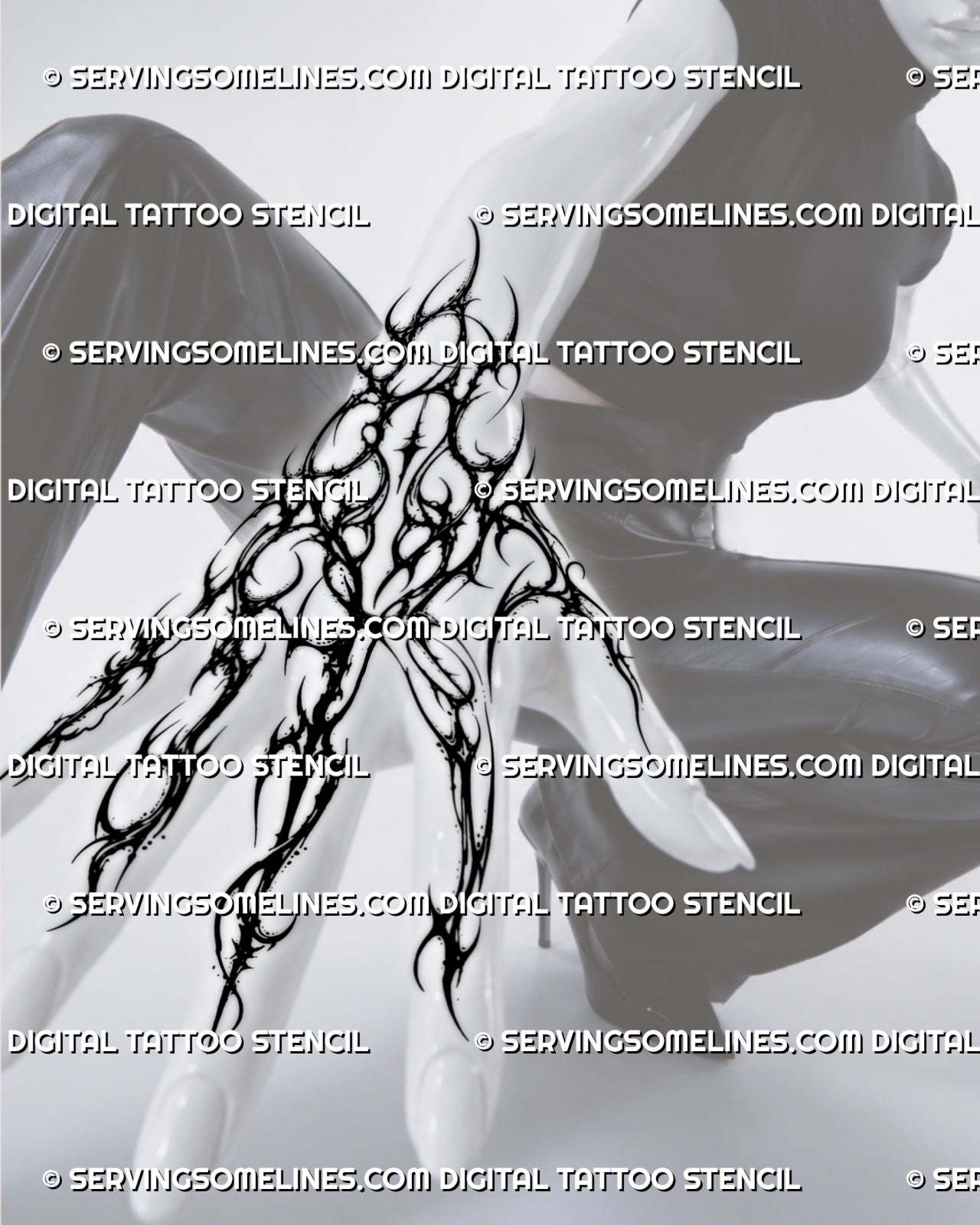 Dark hand tattoo stencil displayed across knuckles and fingers, with neotribal shapes, blackwork contrast, and wrist flow 