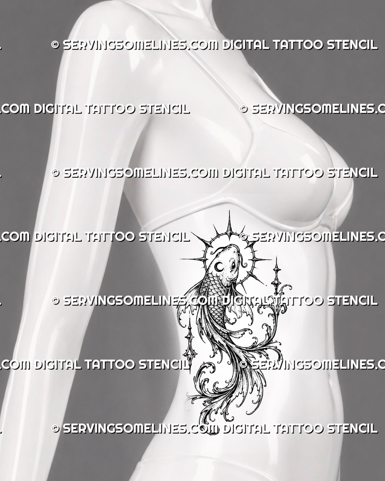 Dark koi fish tattoo shown on a female side body with a curved vertical silhouette, long decorative fins, celestial accents, stippling, and baroque-inspired curls