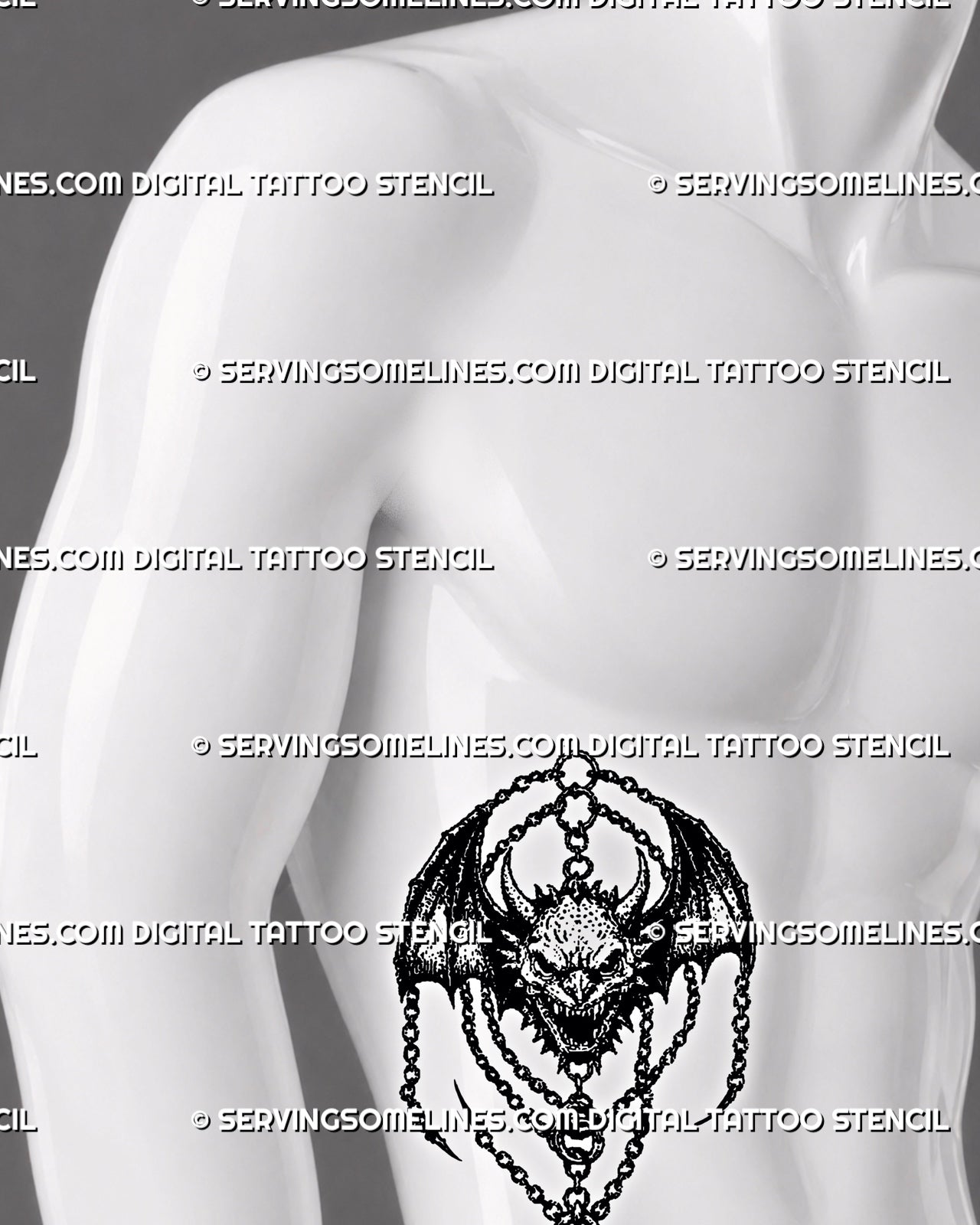 Dark medieval demon tattoo stencil shown on men’s ribs with winged devil flash shape, horned face, chains, and vertical placementv