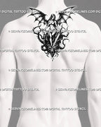 Dark medieval tattoo stencil shown on upper back with wide gothic wings, centered sword, warrior figure, and dragon head