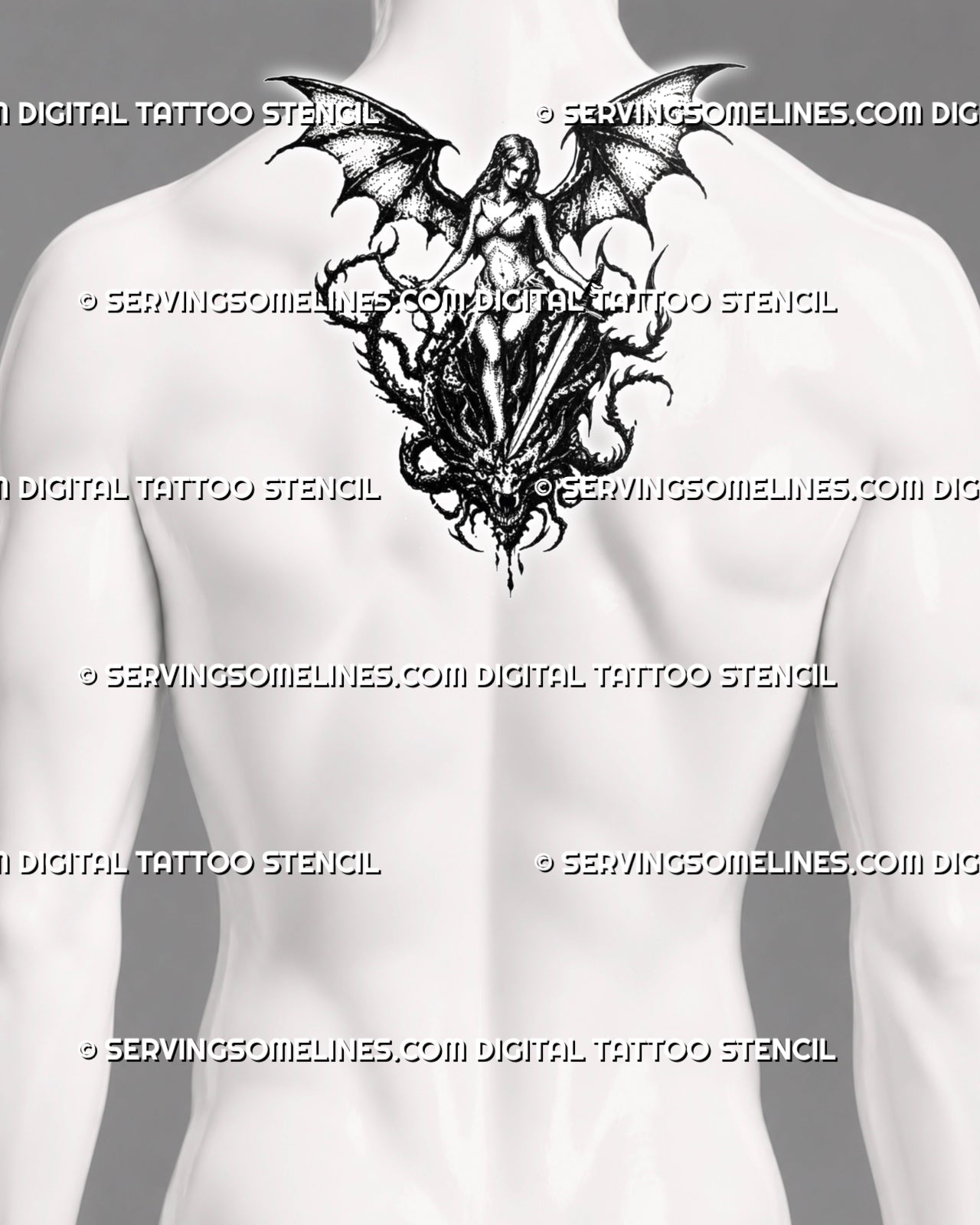 Dark medieval tattoo stencil shown on upper back with wide gothic wings, centered sword, warrior figure, and dragon head