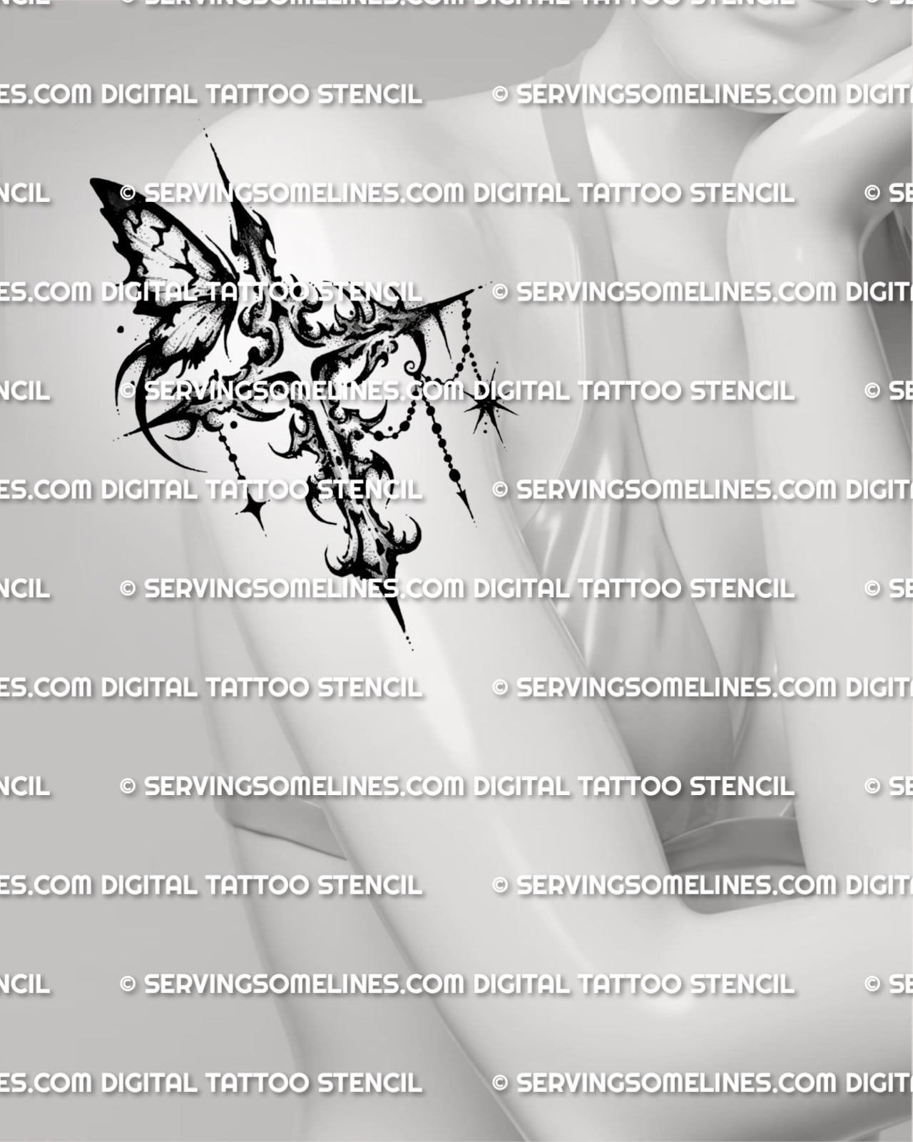 Dark ornamental cross tattoo shown on women’s arm placement with butterfly detail, shaded texture, and small star charm