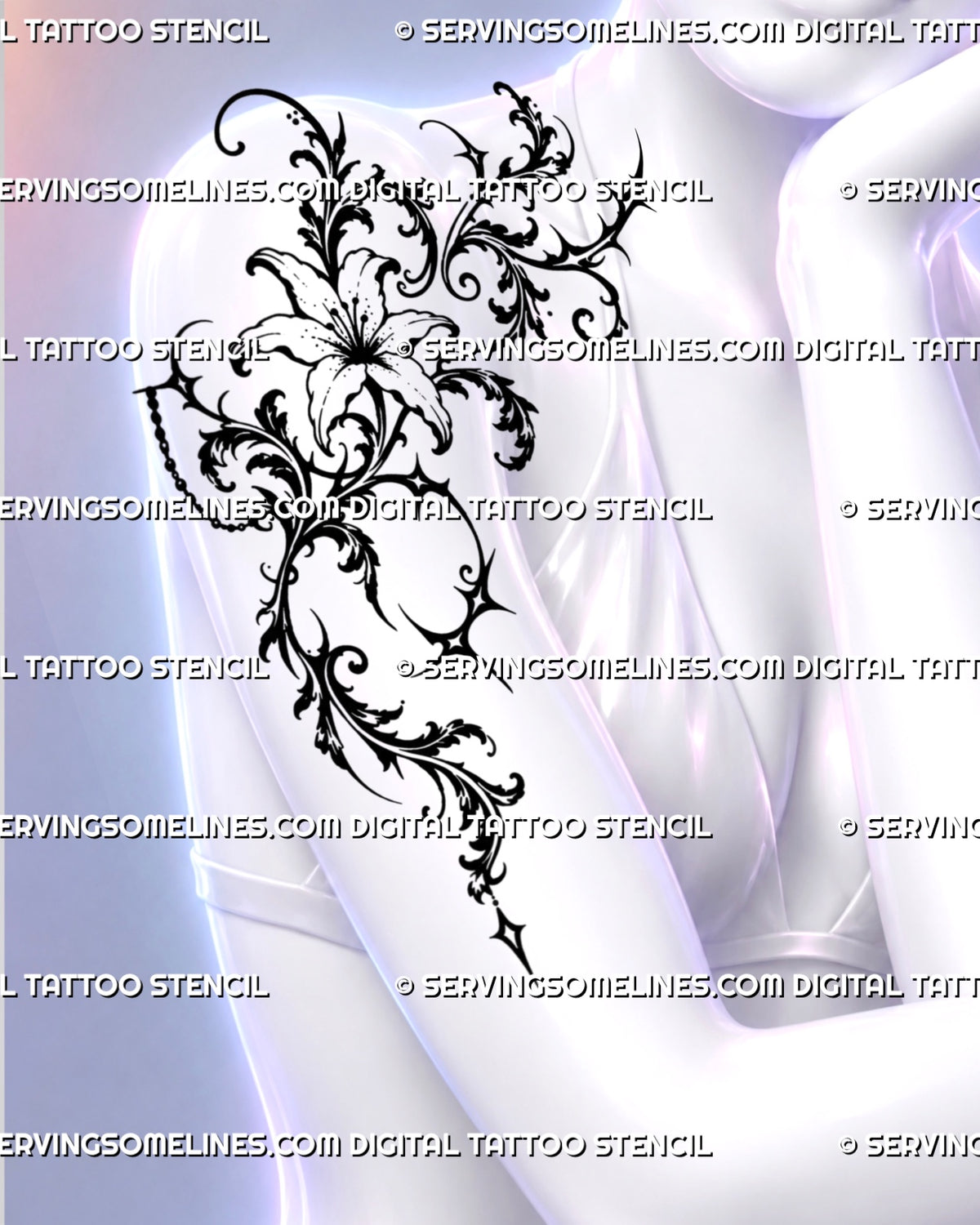 Dark romantic floral tattoo shown across a woman’s front shoulder near the collarbone with an open lily, baroque scrolls, celestial stars, and feminine ornamental blackwork