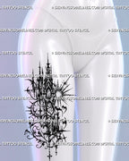 Placement preview on a woman’s thigh, showing gothic spires framed by curling leafy ornament, a crescent moon, radiating sun and bats.