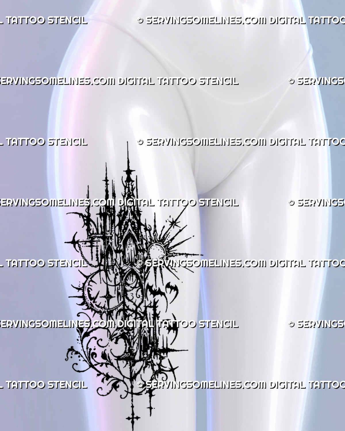 Placement preview on a woman’s thigh, showing gothic spires framed by curling leafy ornament, a crescent moon, radiating sun and bats.