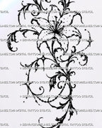 Close detail of dark romantic lily tattoo with four-point stars, draped bead chains, hanging ornaments, black foliage, dotted texture, and decorative filigree