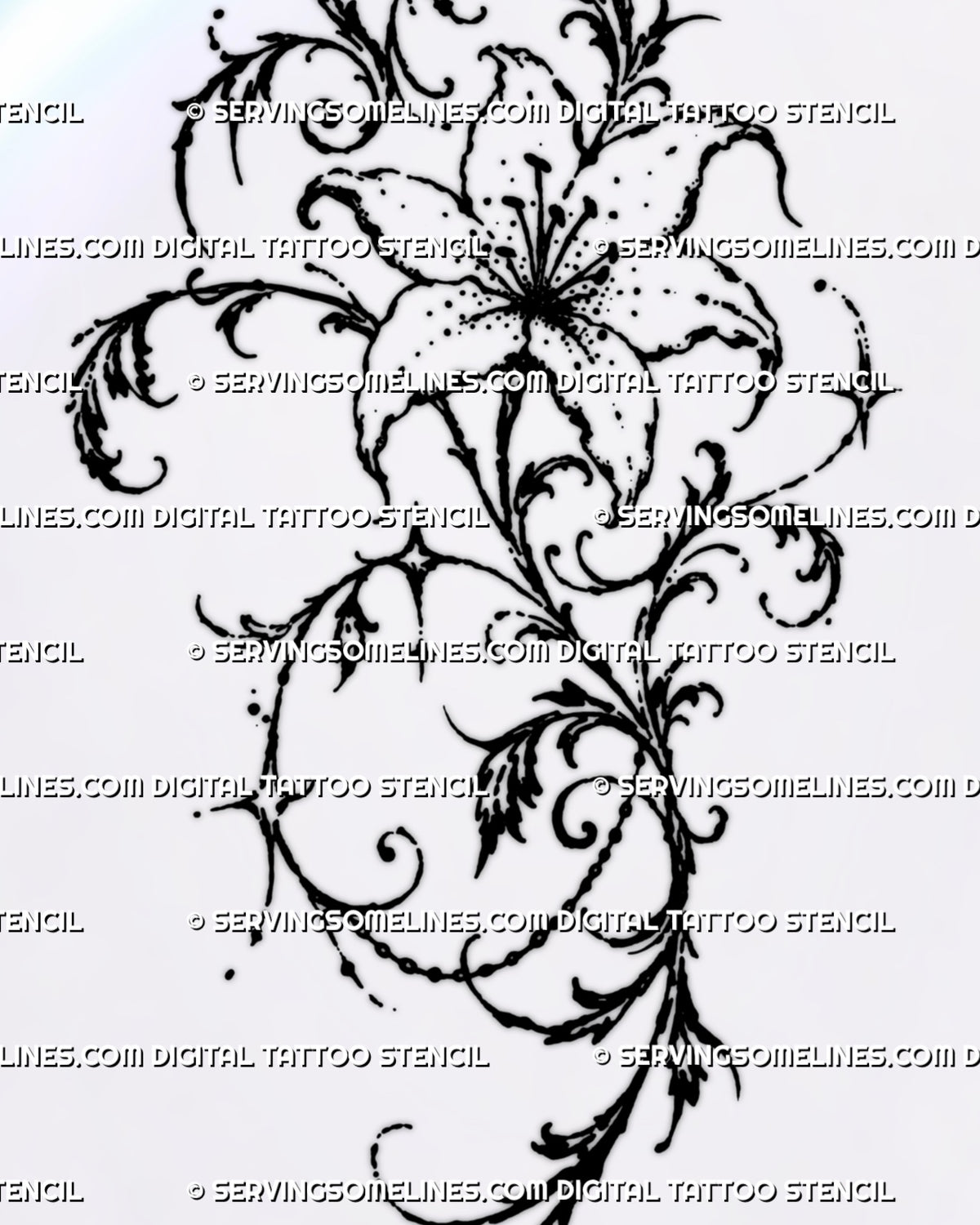 Close detail of dark romantic lily tattoo with four-point stars, draped bead chains, hanging ornaments, black foliage, dotted texture, and decorative filigree