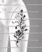 Dark romantic rose vine tattoo shown on a woman’s thigh with open rose, trailing rosebuds, spiral botanical curls, and loose artistic black ink details