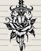 Close view of dark rose dagger tattoo stencil showing ornamental hilt, layered rose petals, black shading, and sharp leaf detail