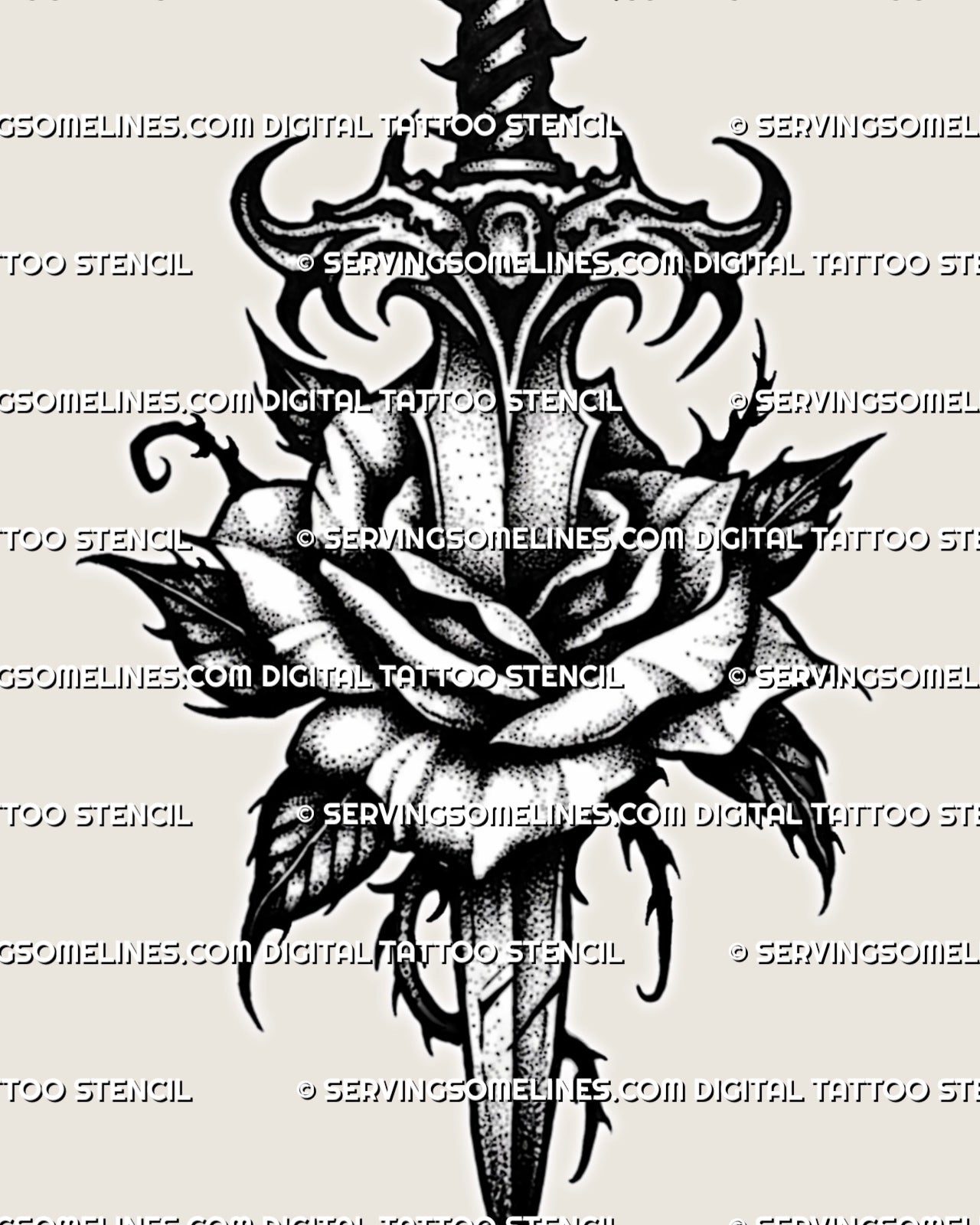 Close view of dark rose dagger tattoo stencil showing ornamental hilt, layered rose petals, black shading, and sharp leaf detail