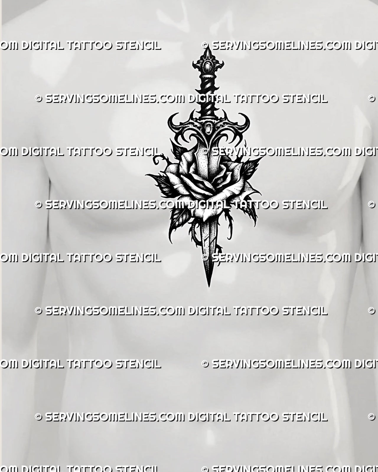 Dark rose dagger tattoo stencil shown on men’s chest center placement, with gothic blade, rose center, and black shading