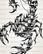 Dark scorpion tattoo design with bone-like legs, skull tail, shaded black linework, and clear printable stencil layout. 