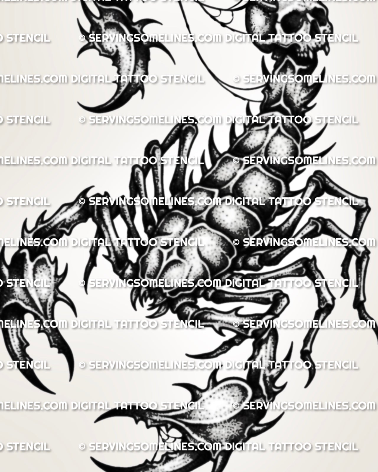 Dark scorpion tattoo design with bone-like legs, skull tail, shaded black linework, and clear printable stencil layout. 