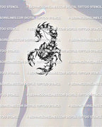Dark scorpion tattoo design shown on mens shoulder blade placement, with skull tail, sharp claws, and gothic shaded linework.