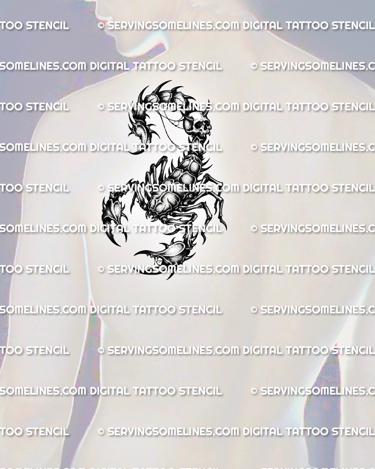 Dark scorpion tattoo design shown on mens shoulder blade placement, with skull tail, sharp claws, and gothic shaded linework.