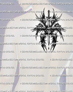 Dark seraphim angel tattoo shown on mens upper back placement, with wide black wings, central eye, and sword structure.