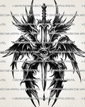 Dark seraphim angel tattoo stencil with black feathered wings, central eye, vertical sword, and printable design file.