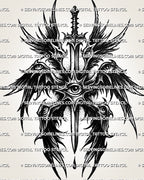 Dark seraphim angel tattoo stencil with black feathered wings, central eye, vertical sword, and printable design file.