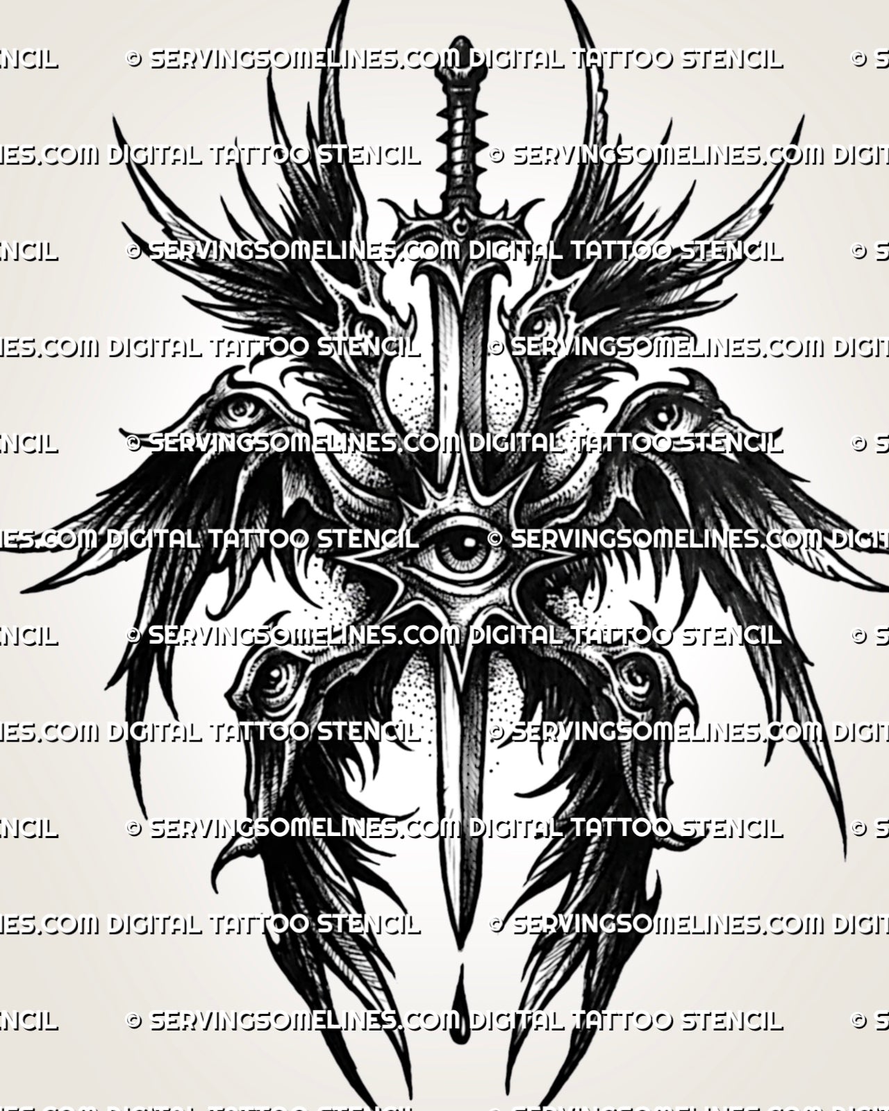 Dark seraphim angel tattoo stencil with black feathered wings, central eye, vertical sword, and printable design file.