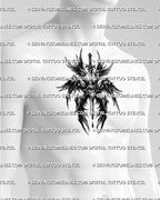 Dark seraphim tattoo stencil shown on mens sternum placement, with central eye, vertical sword, and black feathered wings.
