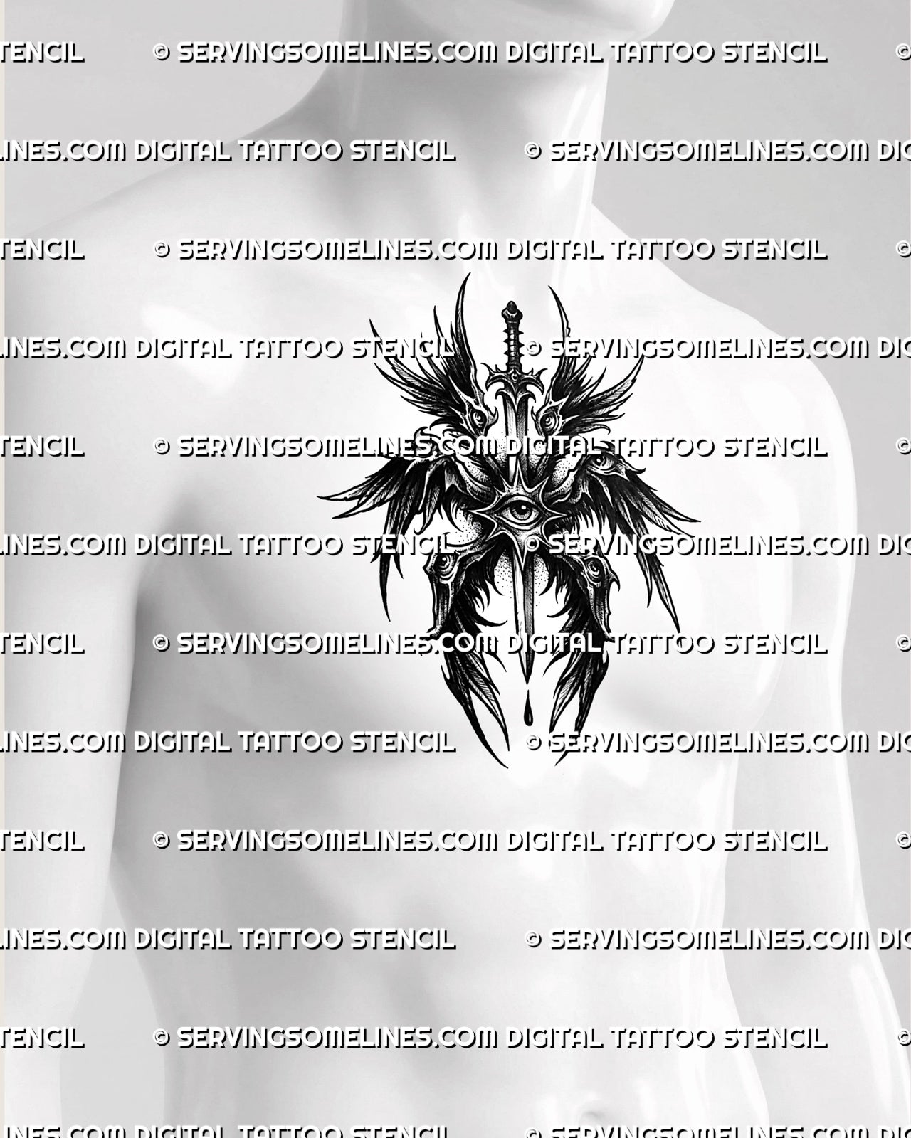 Dark seraphim tattoo stencil shown on mens sternum placement, with central eye, vertical sword, and black feathered wings.