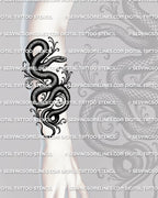 Dark serpent tattoo shown on forearm placement with winding snake body, scale texture, and gothic scroll detail.
