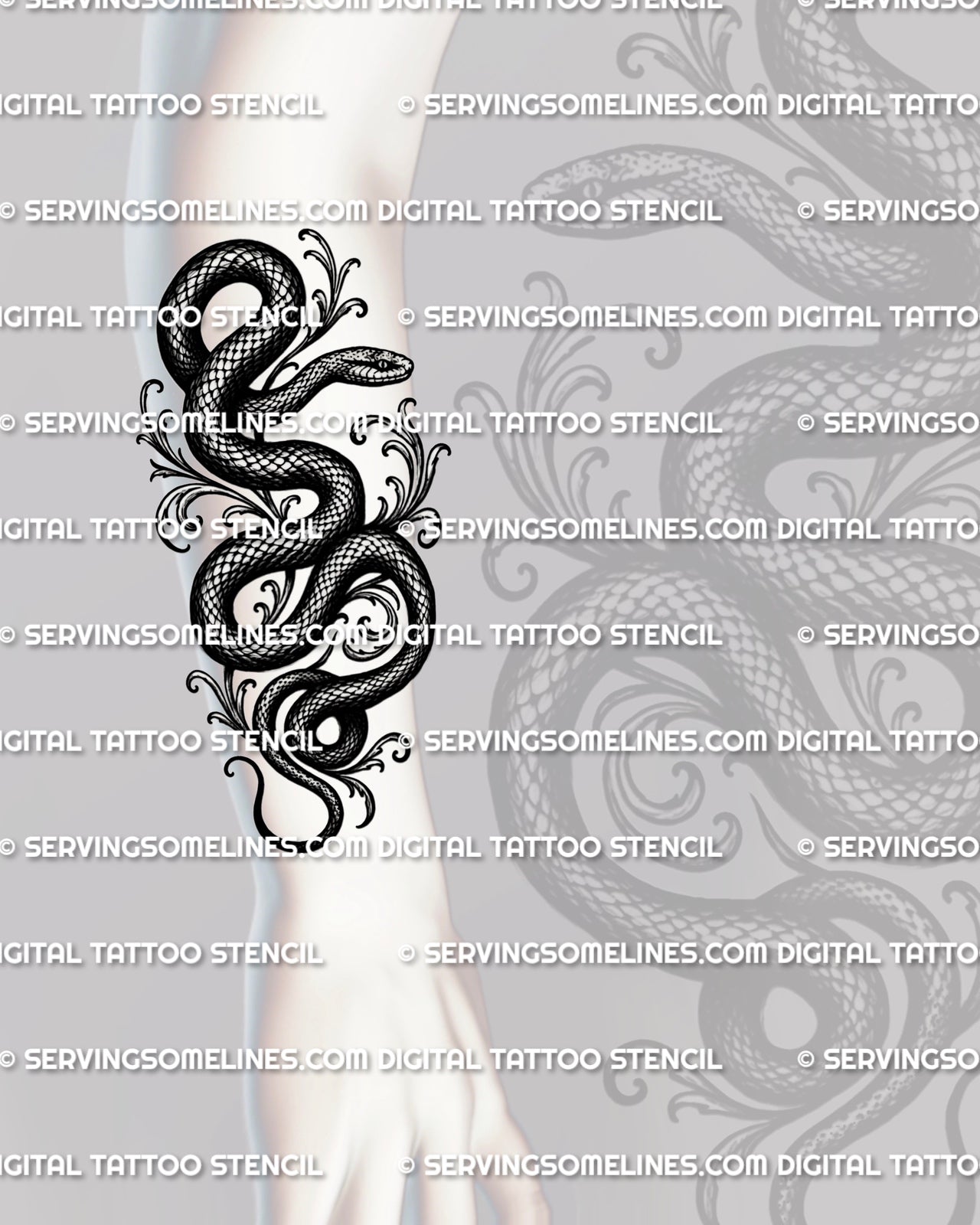 Dark serpent tattoo shown on forearm placement with winding snake body, scale texture, and gothic scroll detail.