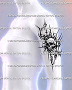 Dark sigilism skull tattoo shown on a woman’s outer upper arm with asymmetric spikes, distressed dotting, hooked neotribal curves, and gothic blackwork texture