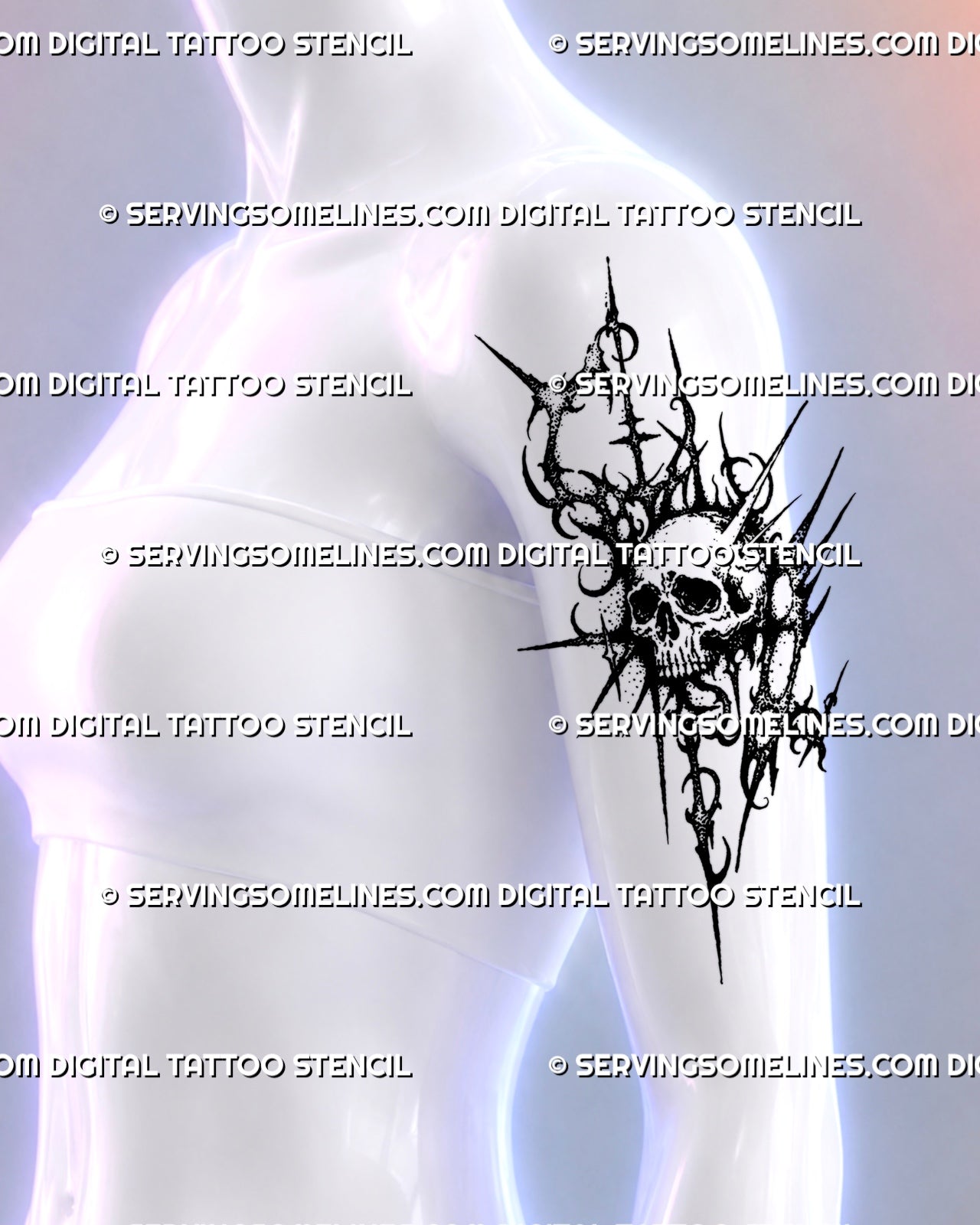 Dark sigilism skull tattoo shown on a woman’s outer upper arm with asymmetric spikes, distressed dotting, hooked neotribal curves, and gothic blackwork texture