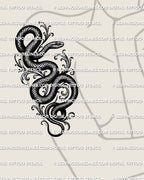 Gothic snake tattoo shown on women’s arm placement with winding serpent body, dark shading, and scale detail.