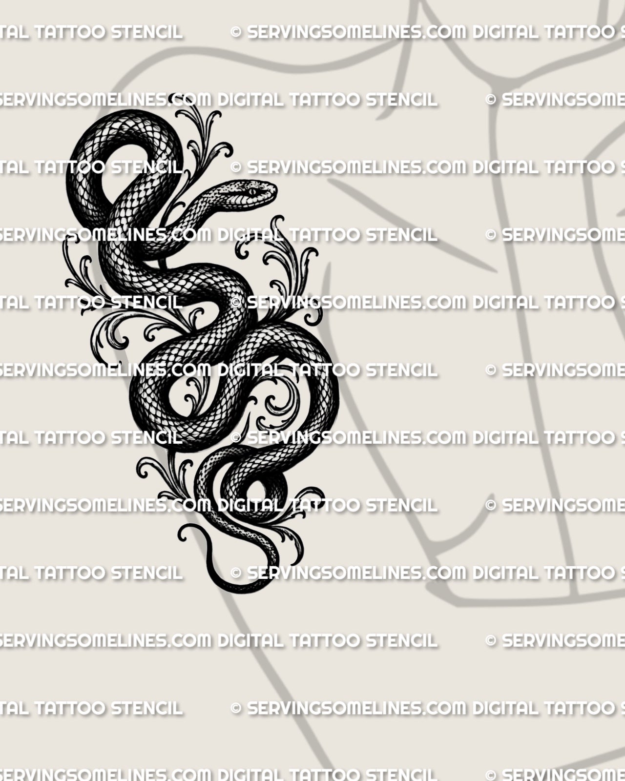 Gothic snake tattoo shown on women’s arm placement with winding serpent body, dark shading, and scale detail.