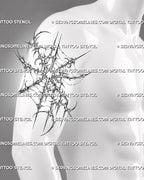 Dark spider web tattoo stencil shown on men’s upper arm with cybersigilism linework, sharp outer points, and asymmetrical web structure