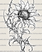 Close-up of a dark sunflower tattoo design showing a stippled seed center, irregular pointed petals, hooked botanical forms, and sharp cyber-sigil details