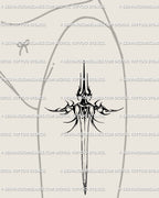 Dark fantasy sword tattoo stencil for the thigh; larger canvas shows ornamental hilt and point, dramatic yet balanced, works front or outer thigh, print-ready stencil set.