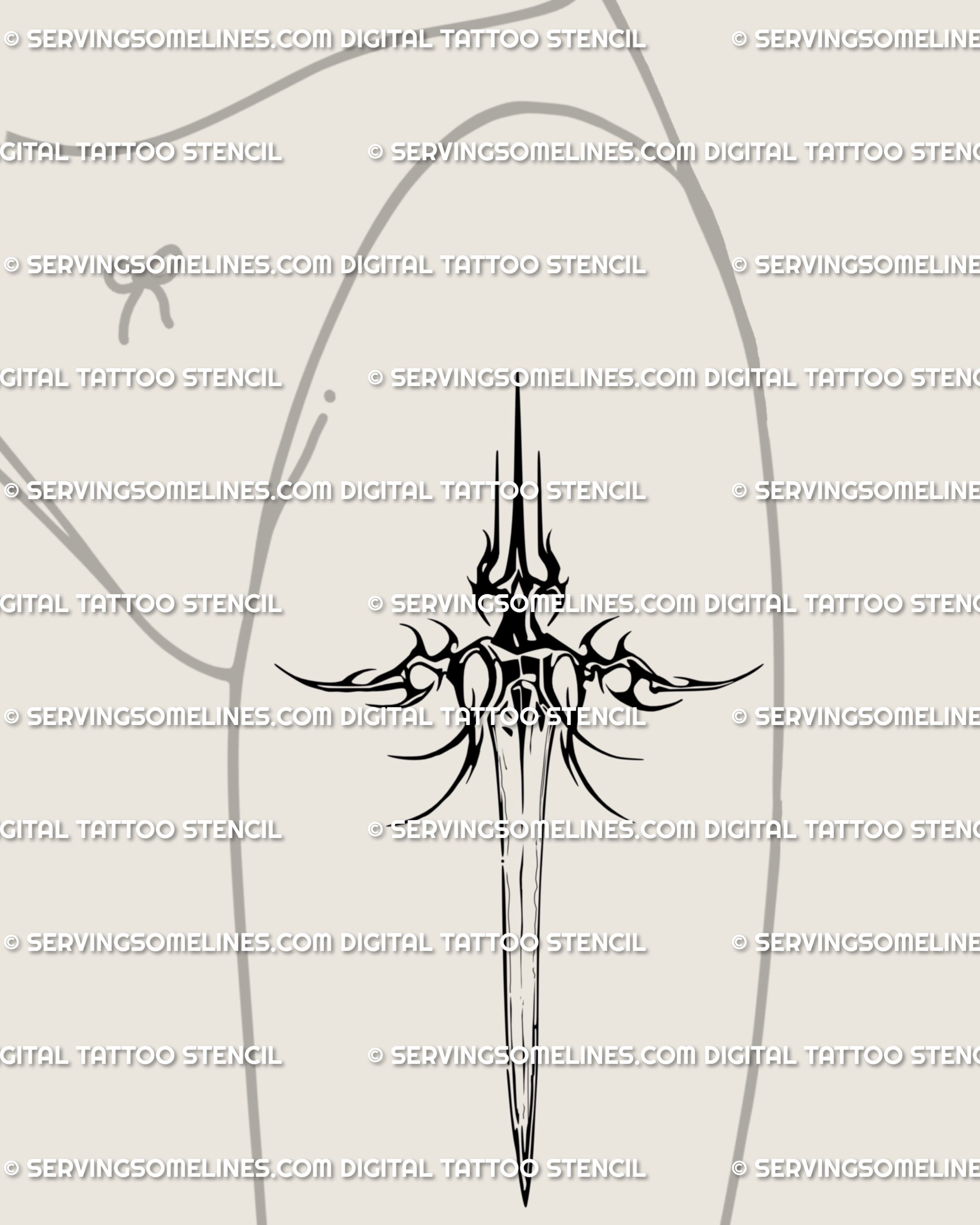 Dark fantasy sword tattoo stencil for the thigh; larger canvas shows ornamental hilt and point, dramatic yet balanced, works front or outer thigh, print-ready stencil set.