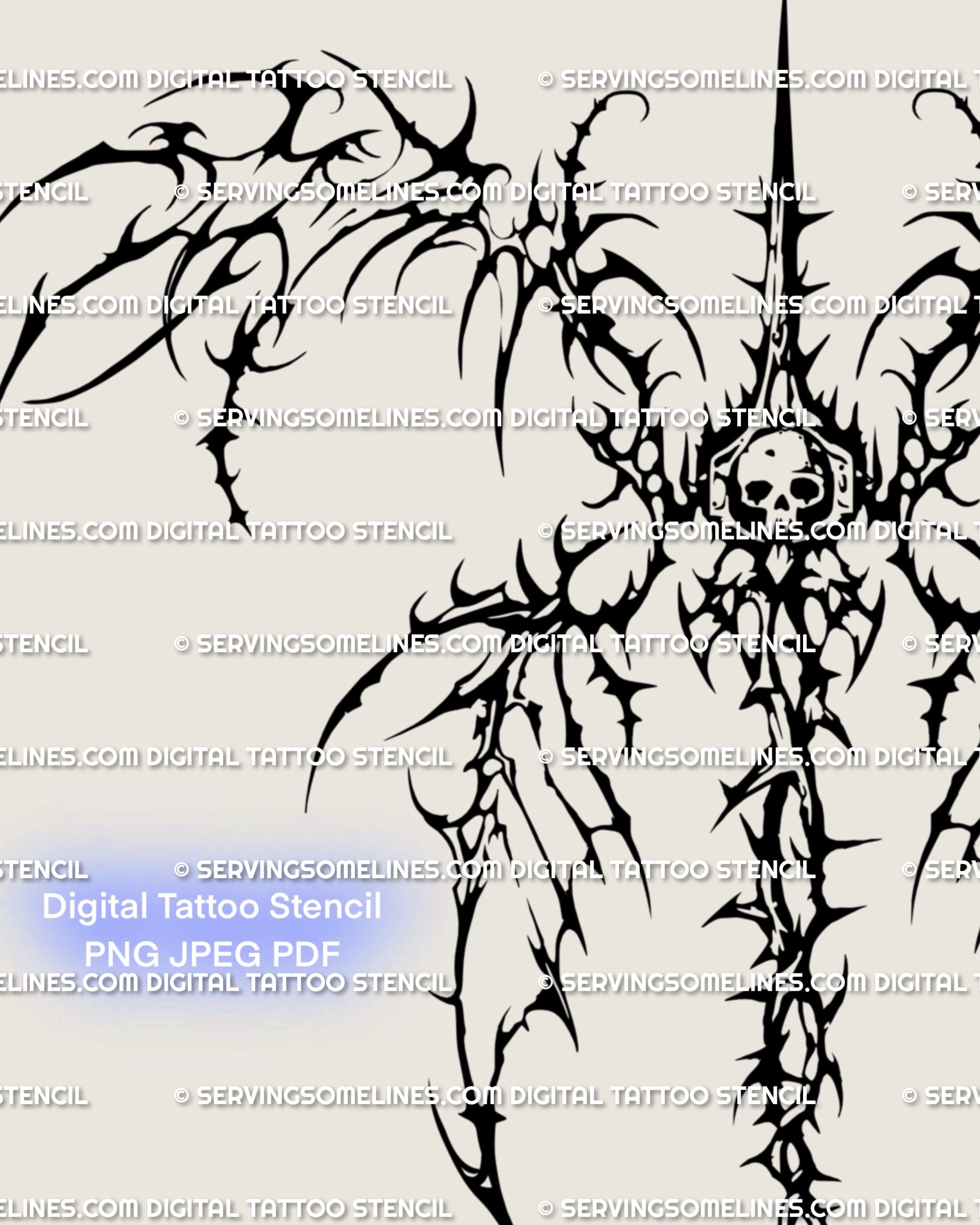 Dark gothic skull back tattoo stencil close up, thorned wings and neotribal spine flow in cyber tribal style.