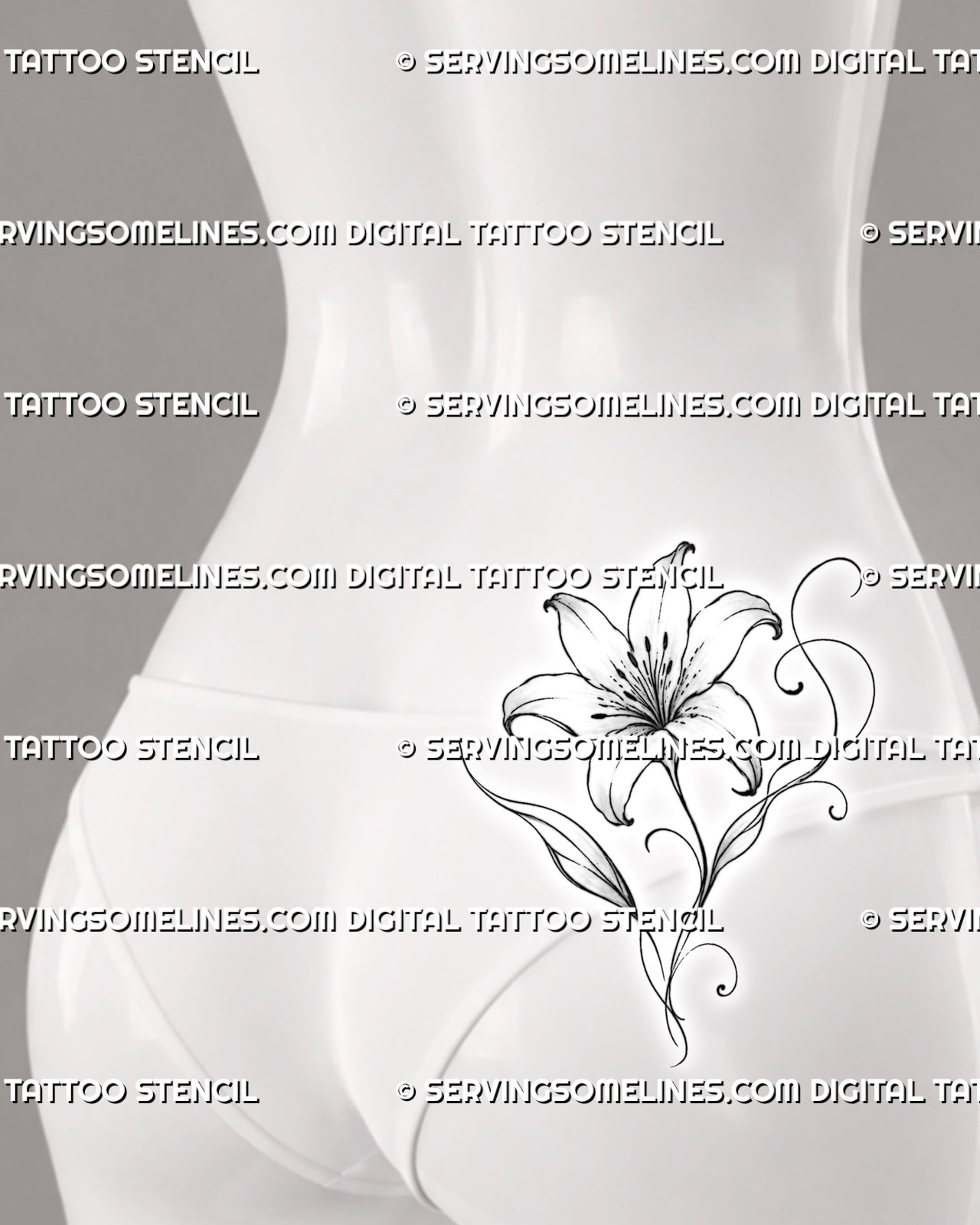 Decorative lily outline tattoo shown on the side of women’s lower back with an open flower, curved stem, pointed leaves, and flowing ornamental lines