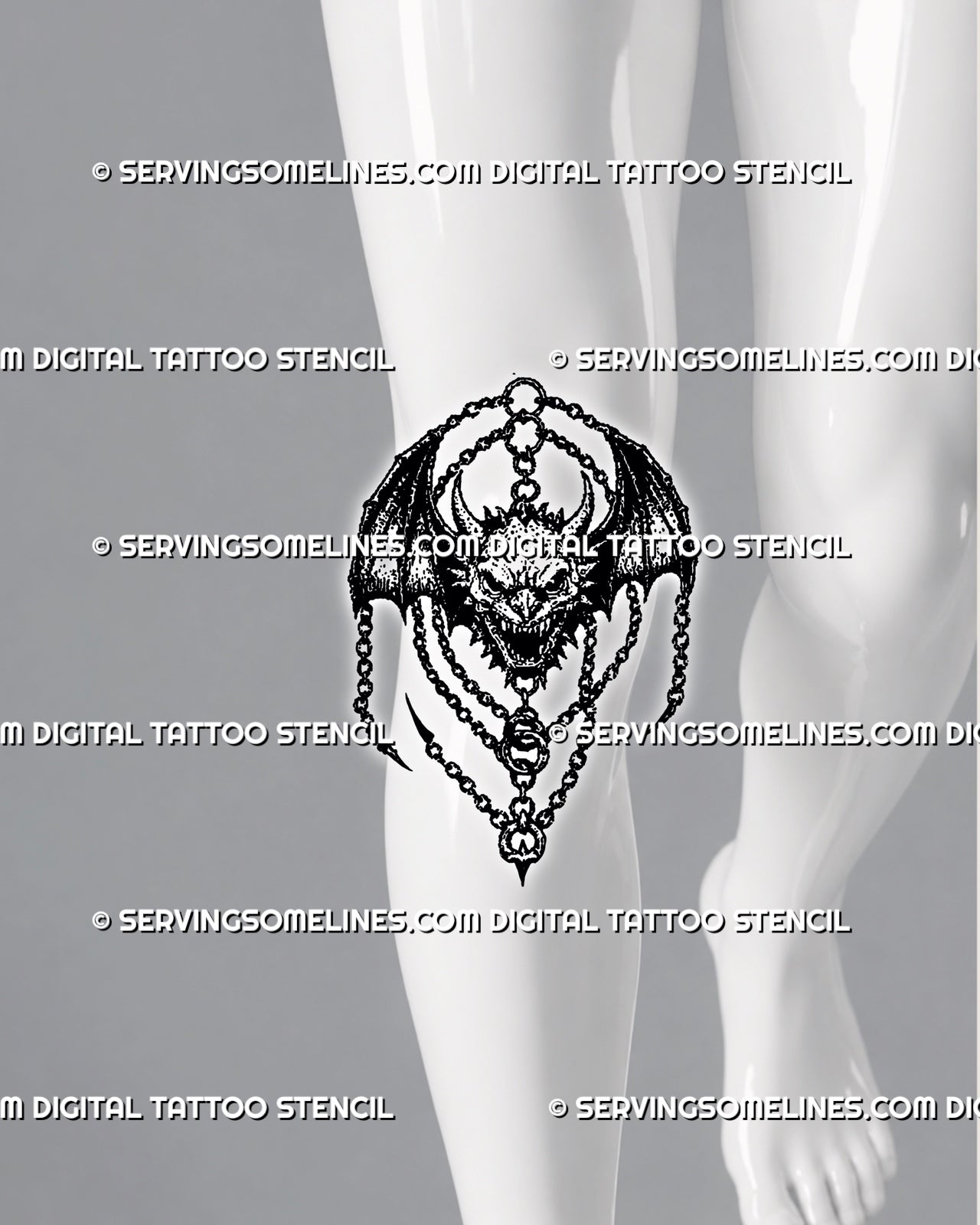 Devil tattoo stencil shown on knee with winged demon face, bat wings, chains, and bold dark fantasy detail