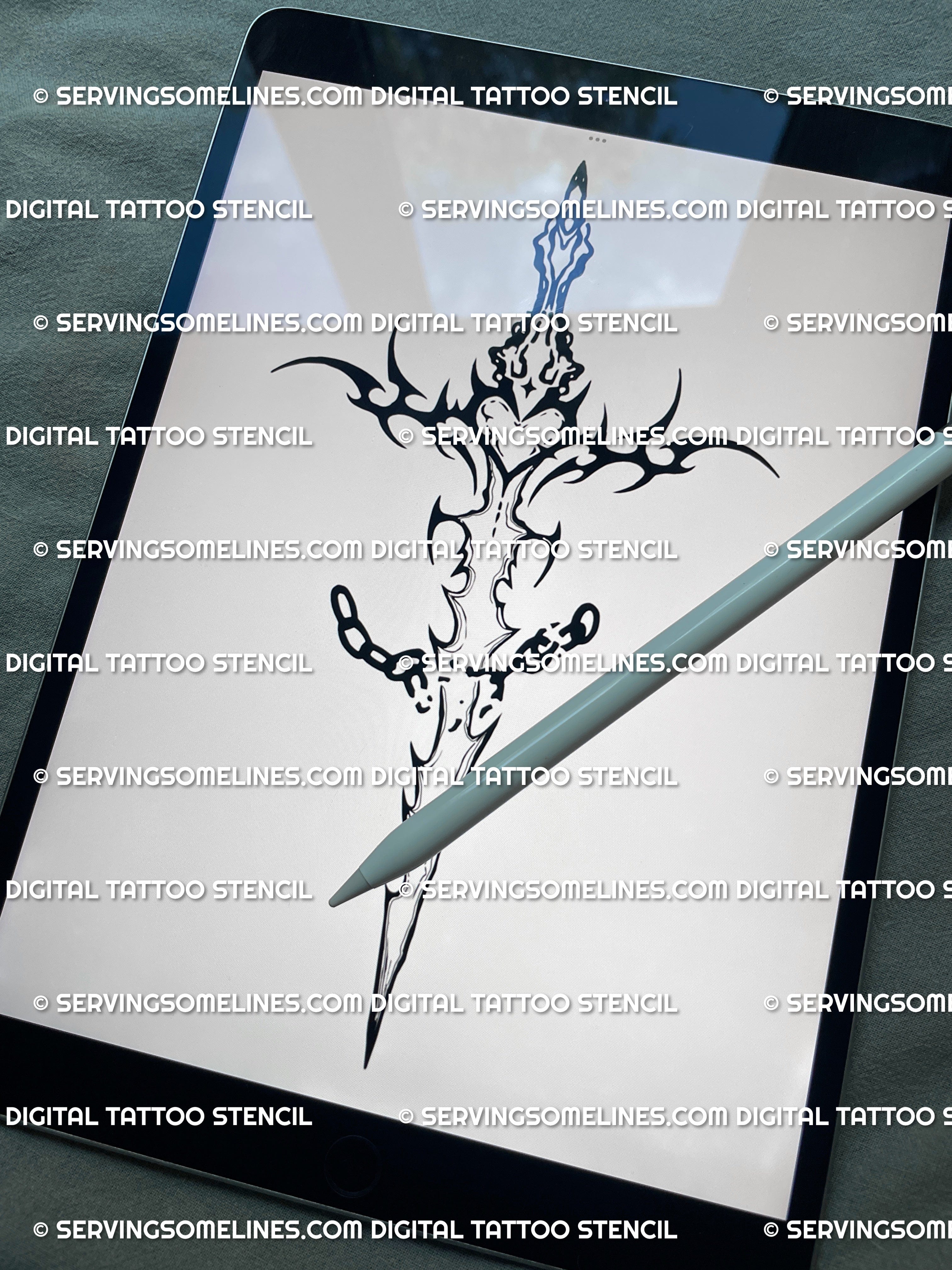 digital sword tattoo stencil file showing neotribal chain breaker design for strength and self-respect, instant download 