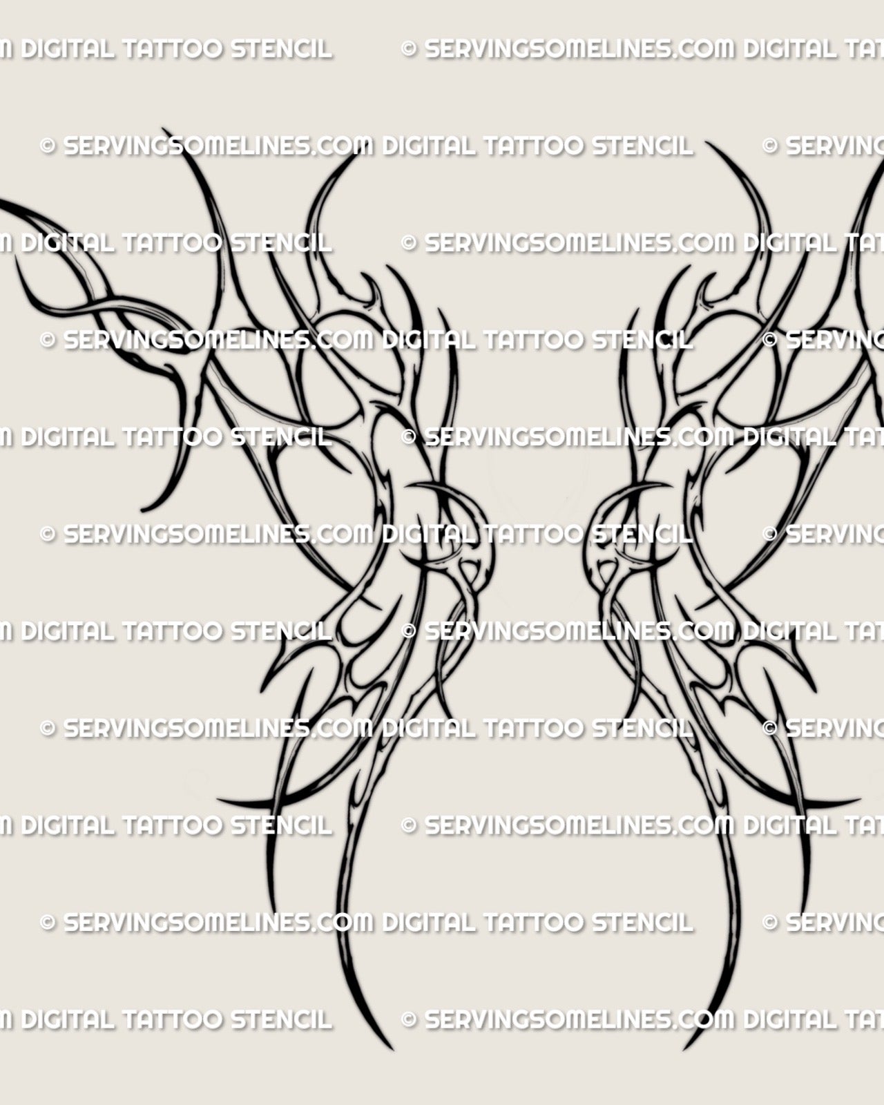 digital tattoo stencil download of cyber tribal wings with biomechanical curves and modern tribal layout built for upper back symmetry