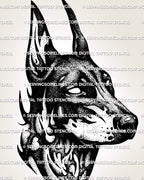 Doberman blackwork tattoo stencil with cropped ears, side profile, bold contrast, and clean printable dog design file. 