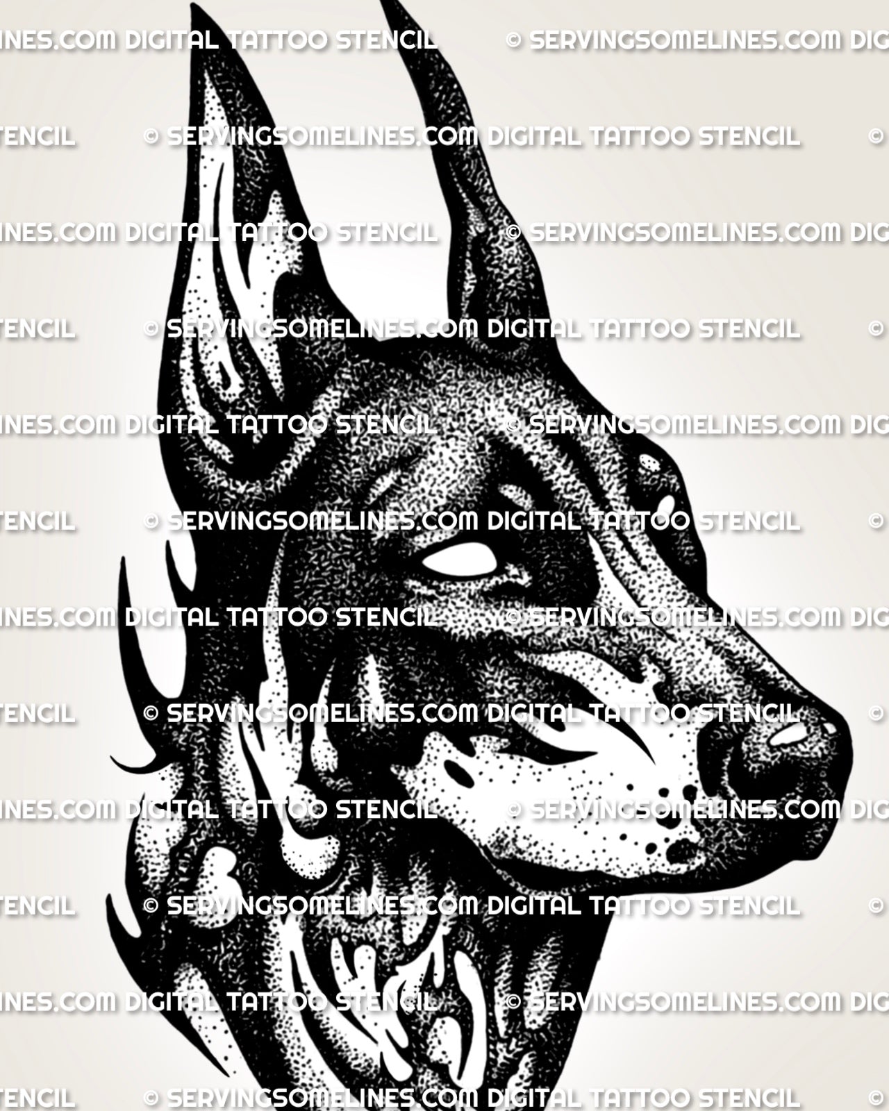 Doberman blackwork tattoo stencil with cropped ears, side profile, bold contrast, and clean printable dog design file. 