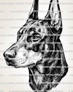 Doberman head tattoo stencil with clean black linework, long muzzle, cropped ears, and shaded dog portrait detail.