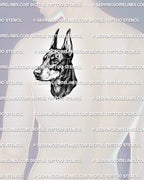 Doberman tattoo design shown on mens shoulder blade placement, with side-profile head shape and clean dog portrait structure.