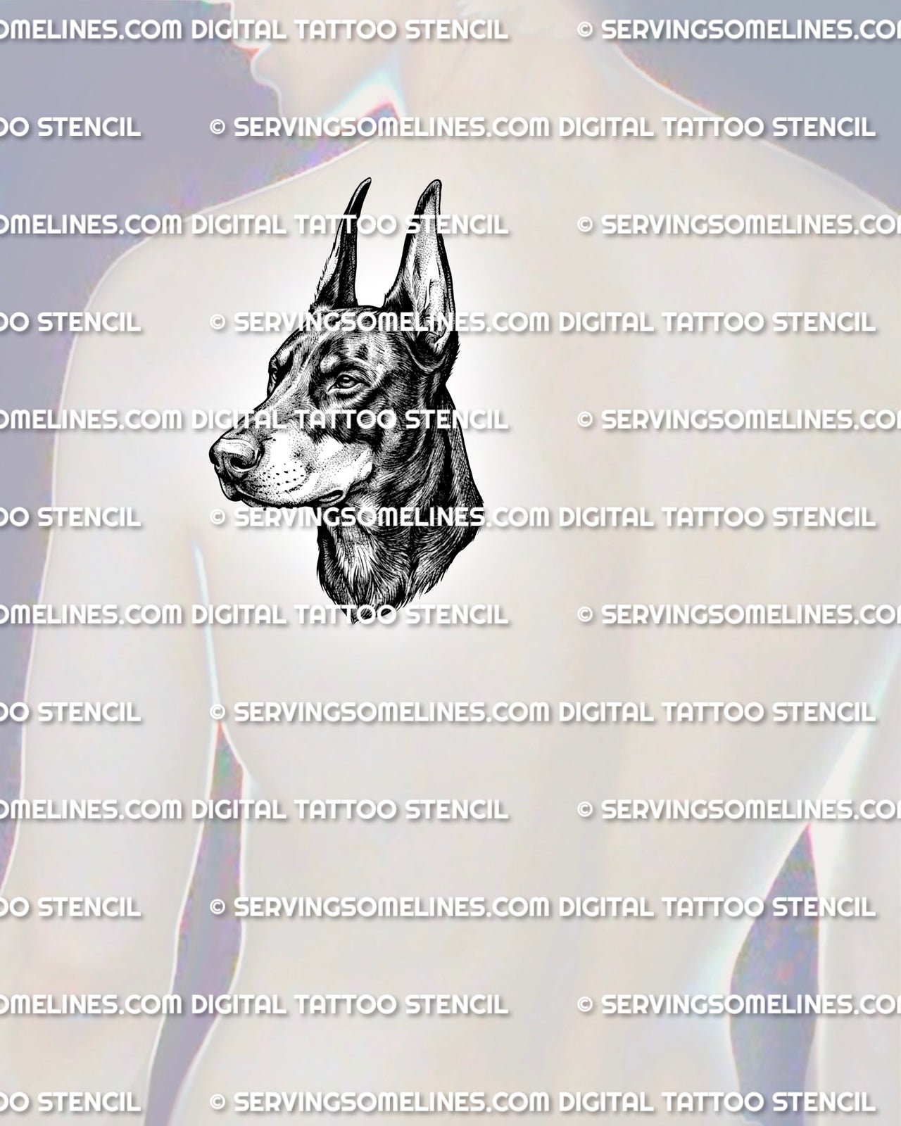 Doberman tattoo design shown on mens shoulder blade placement, with side-profile head shape and clean dog portrait structure.