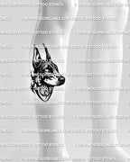Doberman tattoo stencil displayed on calf placement, with sharp ears, neotribal detail, and strong vertical dog profile.