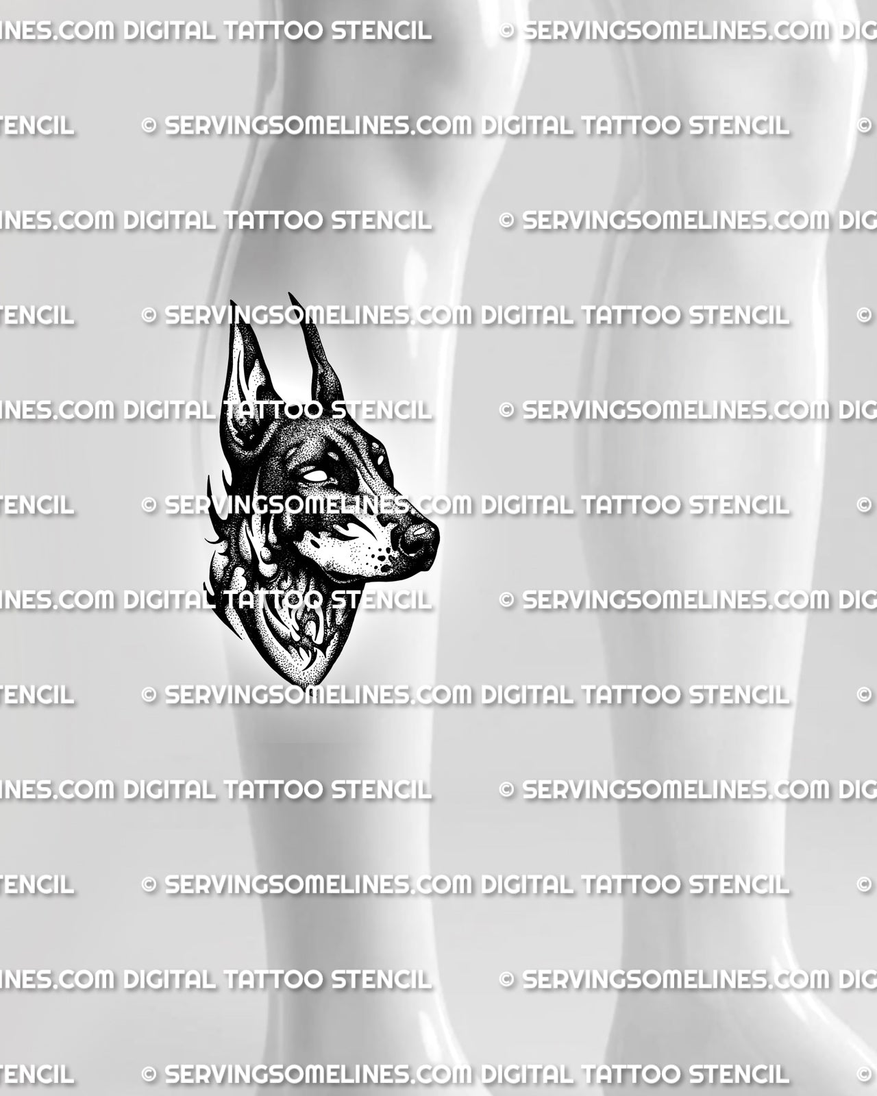Doberman tattoo stencil displayed on calf placement, with sharp ears, neotribal detail, and strong vertical dog profile.